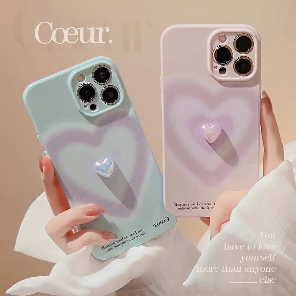 Cute Blue Ray Violet Electroplate 3D Heart Phone Case For iPhone 15 14 13 12 11 Pro Max Soft Silicone Shockproof Cover