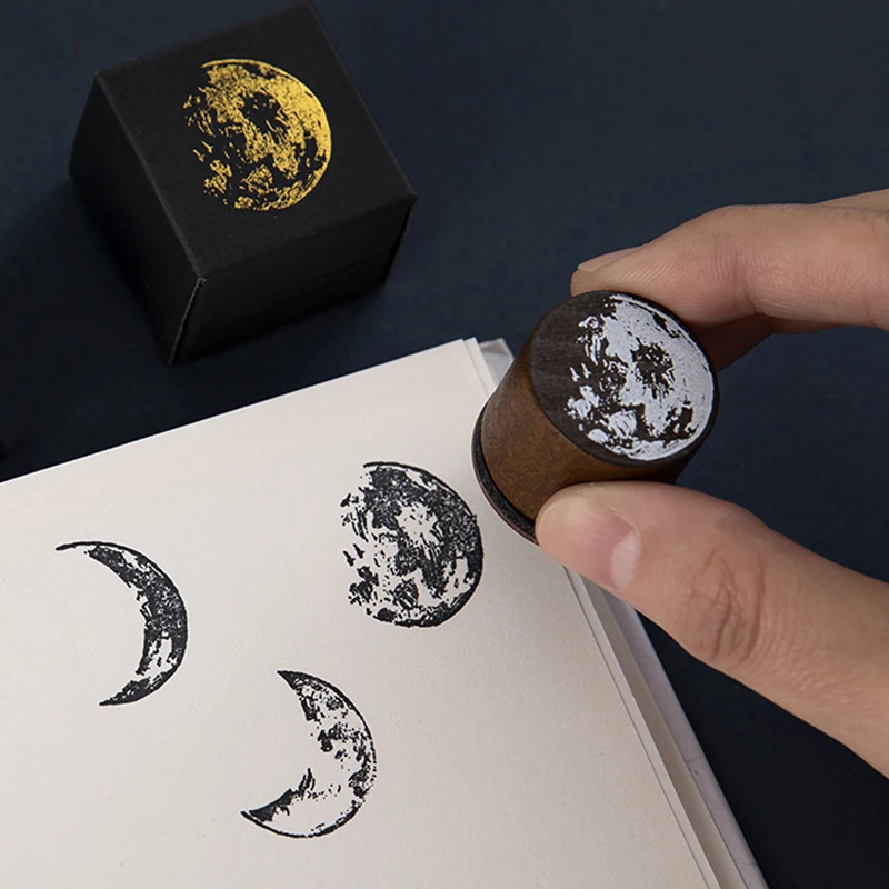 Wooden Round Moon Retro Simple Collage Rubber Stamp Hand Account DIY Printing Material Decoration Simple Retro Style Wood Stamp