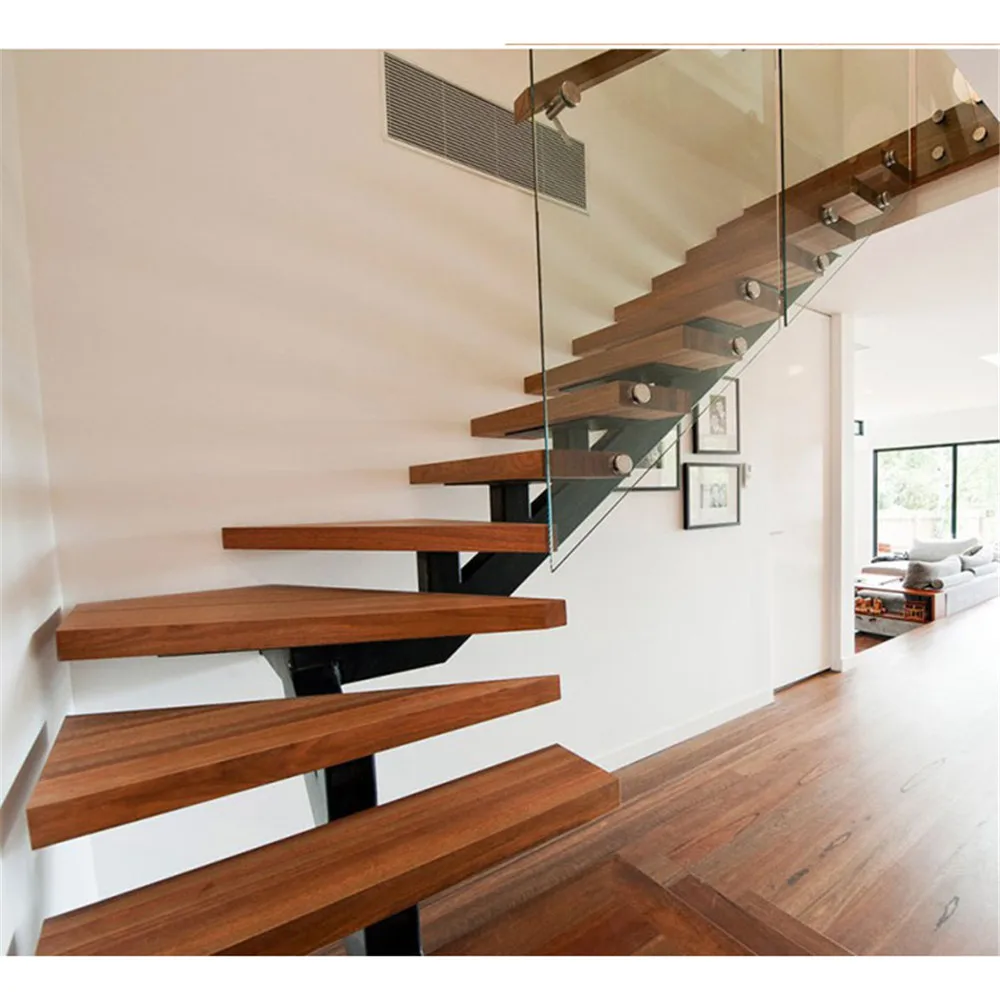 CBMmart Top Selling Modern Design Black Stringer European Beech Solid Wood Tread Glass Railing Staircase Stairs