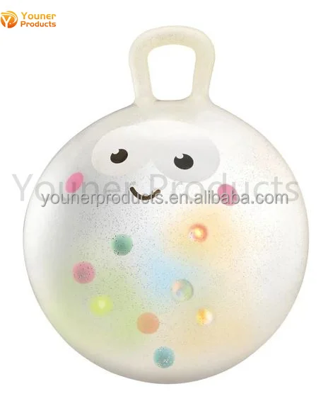 LED Light Bouncing Ball Into Transparent Handle Space Hopper Skipping Jumping with Glitter Powder Seven Color Flash Lantern