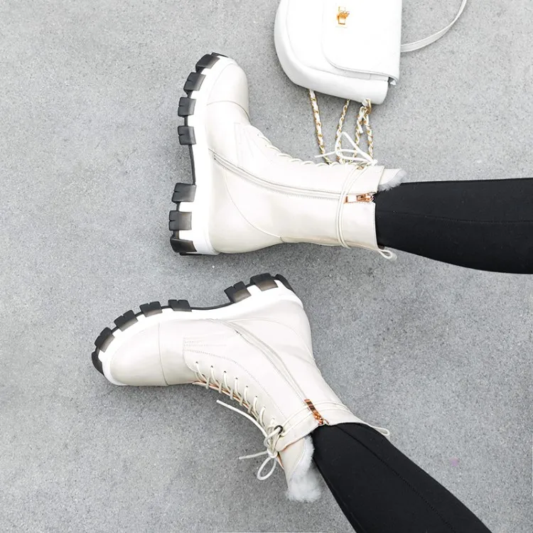 Pure wool snowshoes for women leather thick-soled lace-up boots for women plus size 40 41-43 cowhide medium boots for women