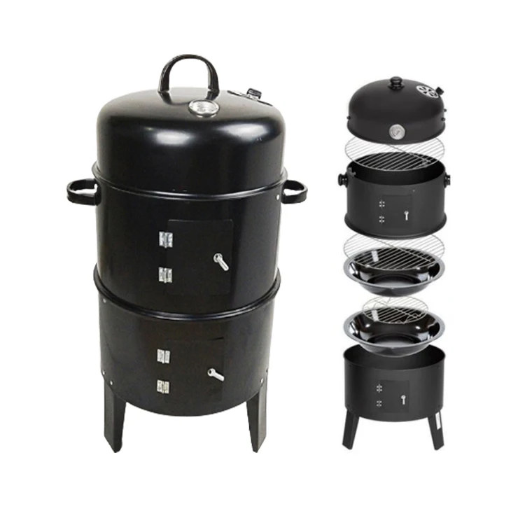 3 in 1 Smokeless Charcoal Barbecue Grill Smoker 3 layers Tower Vertical Barrel Smoked BBQ Grill