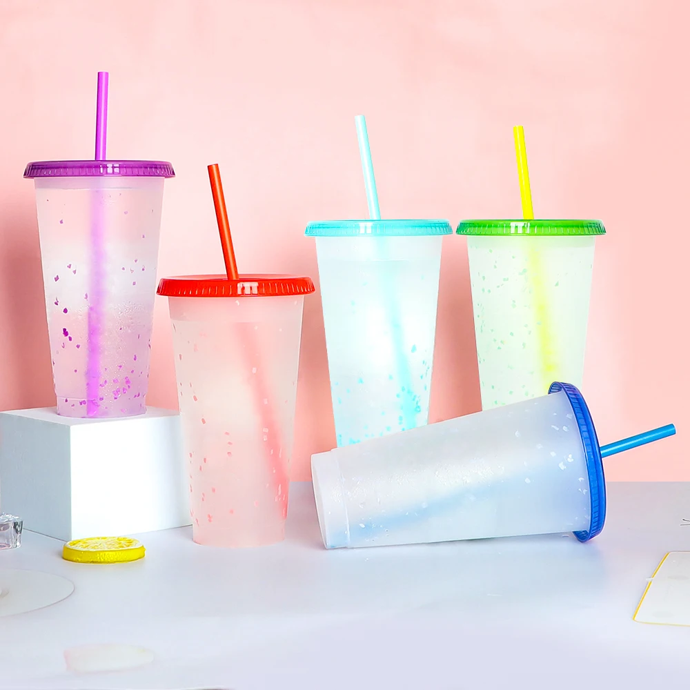 Coffee bubble tea color changing water smoothie drinking plastic reusable cold cups with lids and straws
