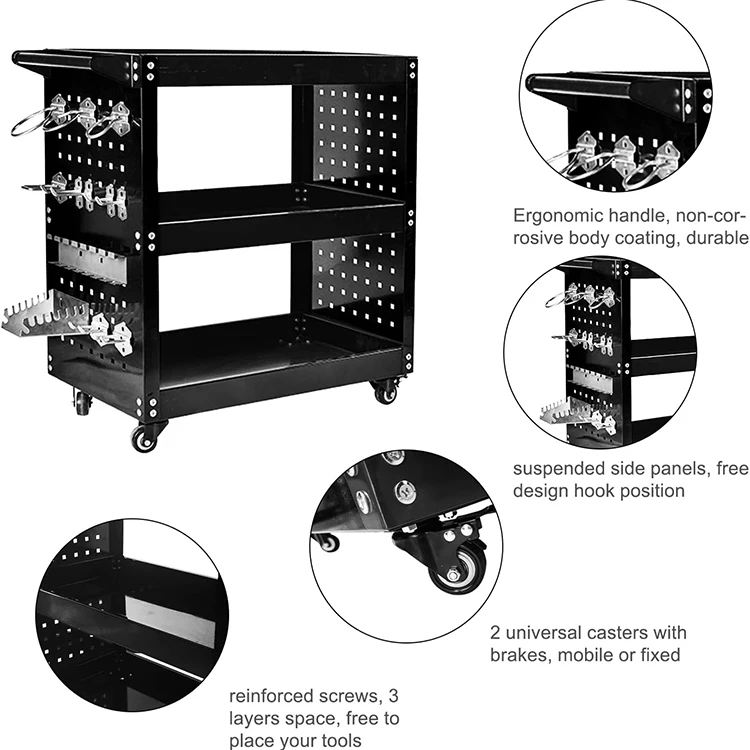 JH-Mech Rolling Tool Cart with Side Pegboard Kit and Lockable System 300lbs Load Capacity 3 Tier Heavy Duty Tool Storage Cart