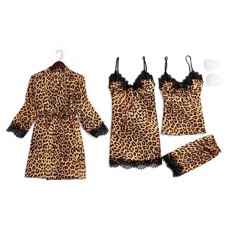 2021 women leopard spotted print lace embellished satin classic style pajamas suit sexy pajamas pijama animales