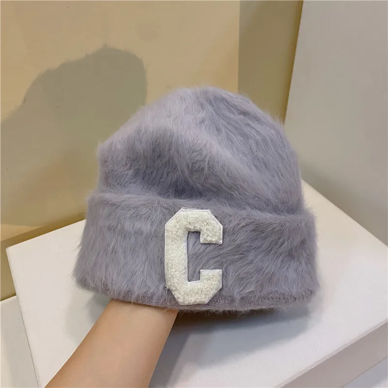 Плюшевая Шапка-бини, модная пушистая Длинная зимняя шапка из кроличьего меха, Женская плюшевая шапка с буквенным носком, вязаная теплая Шапка-бини