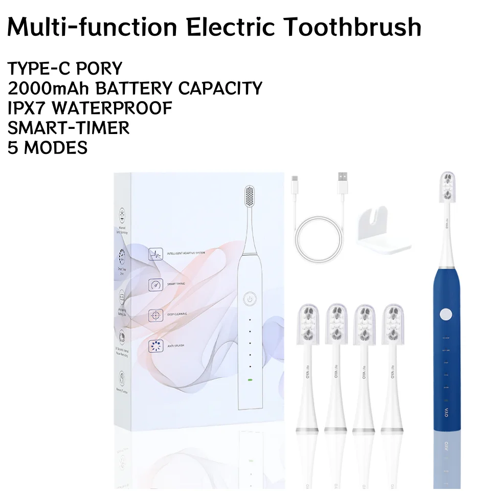 2000 мАч Водонепроницаемая электрическая зубная щетка IPX7 с 5 режимами и 4 насадками производственный