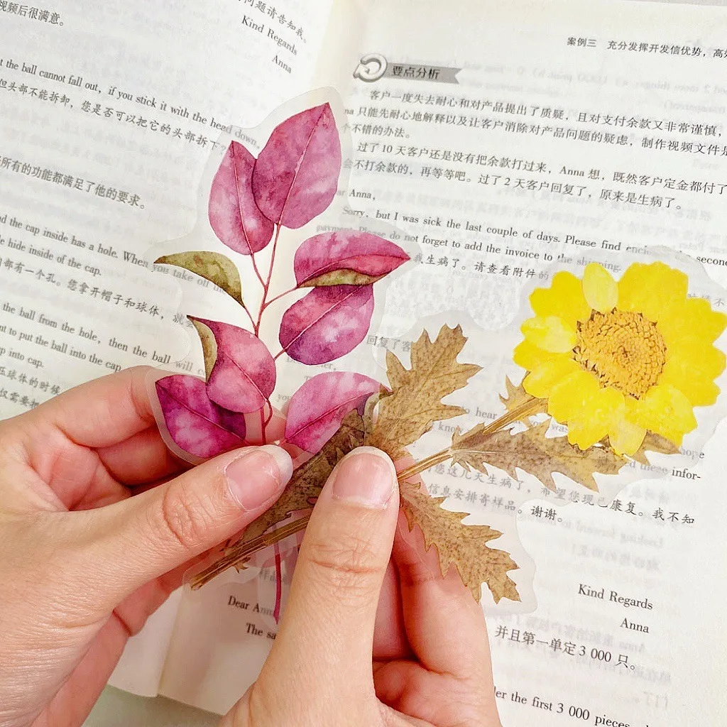 Vintage PET Transparent Flower Sticker Bag Creative Handbook DIY Plant Stickers 12 pieces