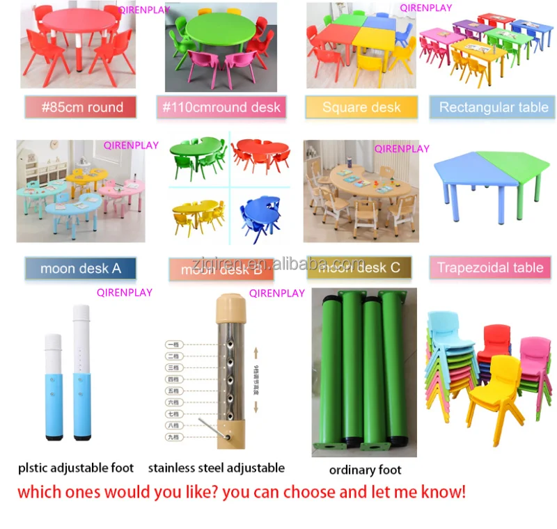 Cheap price kids table and chair set stainless steel adjustable legs preschool plastic round table and chair for children