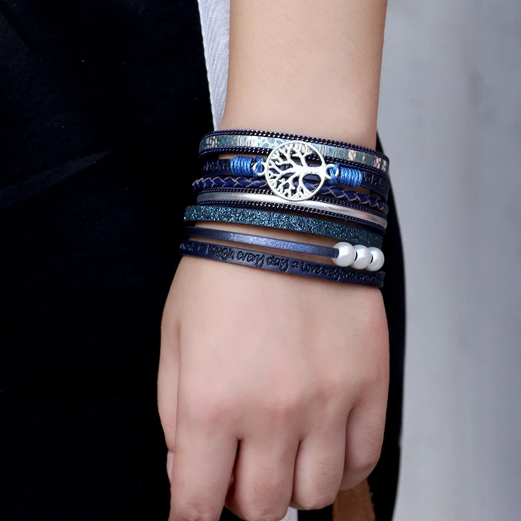 Wholesale Charm Pearl Tree Of Life Wide Magnetic Buckle Clasp Women Multilayer Wrap Leather Bracelet Jewelry For Ladies