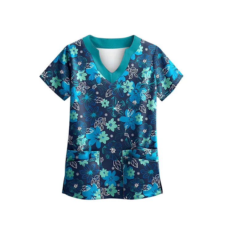Wholesale hospital scrubs uniform medical top shirt printed nursing scrubs