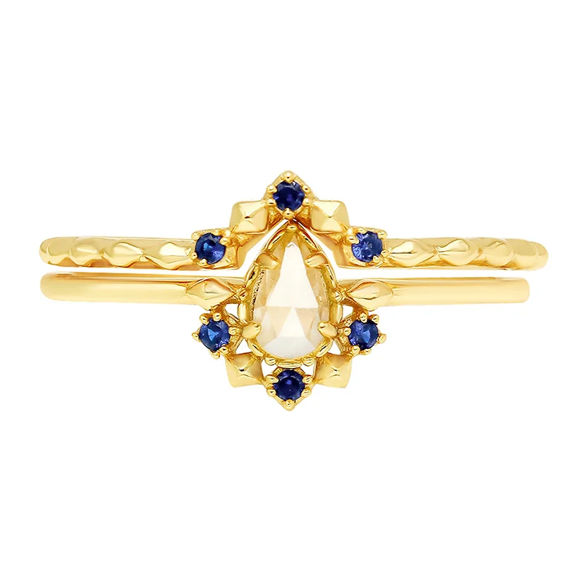 Natural Gemstone Stacking Ring 14k Gold Plated Two Pieces Engagement Sterling Silver Aquamarine Wedding Band Set