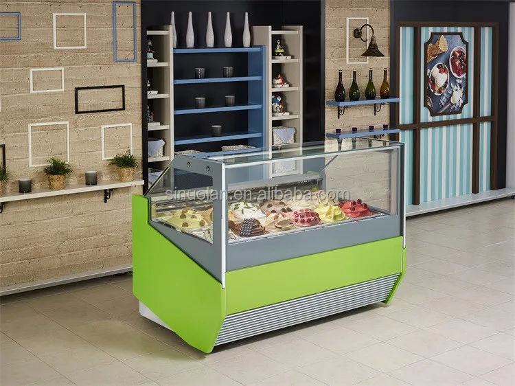 Curved Glass Door Countertop Display Freezer Ice Cream Fridge Machine 16 Pans Storage Container