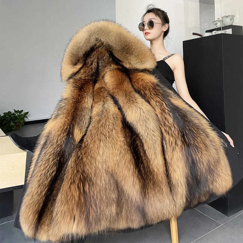 2022 Women Fashion Winter Fur Coats Luxury Men Real Raccoon Fur Parka Coat With Huge Hood Ladies Super Nice Quality Fur Jacket