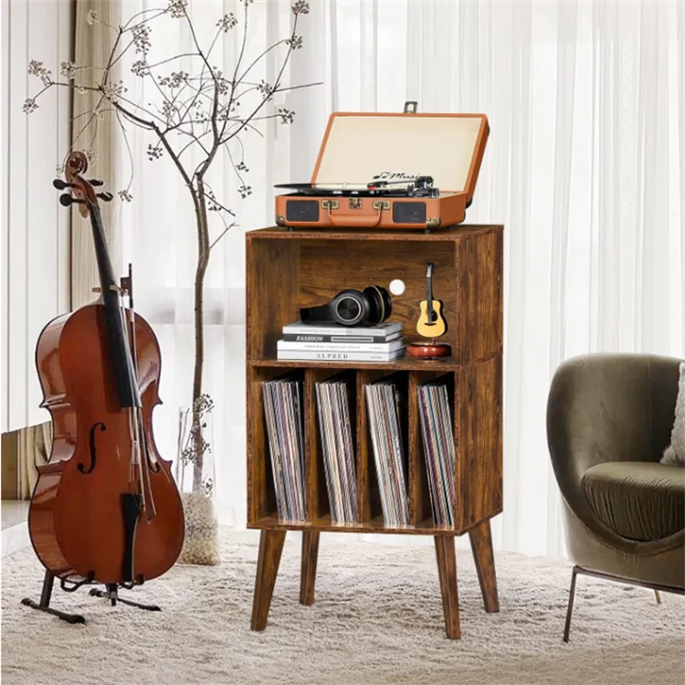 Brown Turntable Stand Holds Mid-Century Vinyl Storage Cabinet Table with Solid Wood Legs