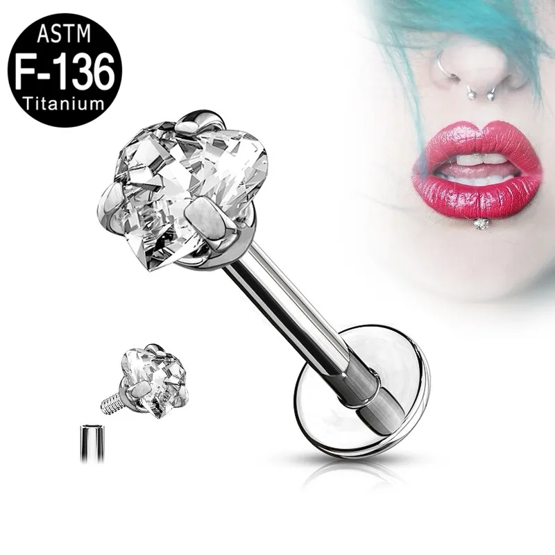 2022 The Latest Design Jewelry Three Prong Set Heart CZ Top  Internally Threaded Monroe Labret Piercing Wholesale