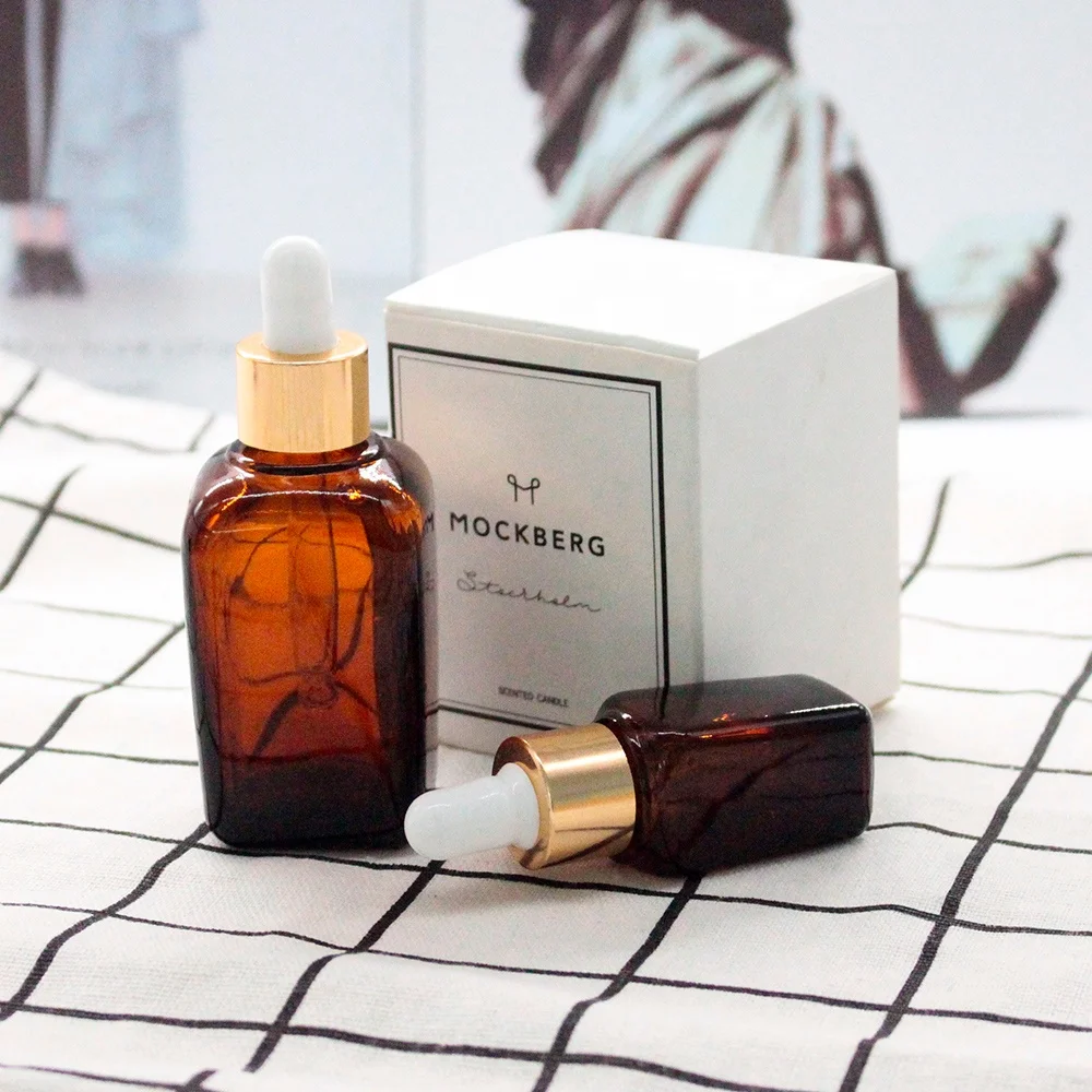 FENGJUN customizable amber square essential oil bottle glass cosmetic bottles with rubber top gold collar dropper for cosmetic