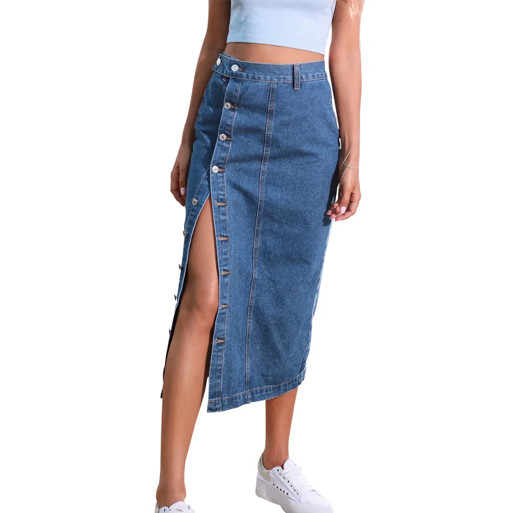 High Quality Retro Denim Skirt Split Button Irregular High Waist Skirt And Ladies Slit Midi Blue Jean Skirt