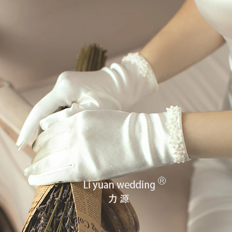 9401-1   Elegant Satin Glove With Pure Flowers Bridal Glove for Wedding