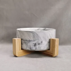 New italian white marble look ceramic 6 inch with bamboo stand gold rim pet feeding cat dog bowl set food round bowl marble
