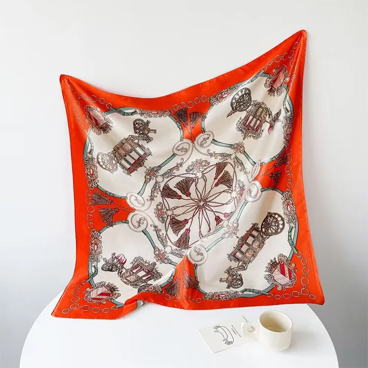 OEM Scarf Luxury Design Shawls  Multicoloured Square Women Silk Scarves Digital Printed Polyester Custom Scarf