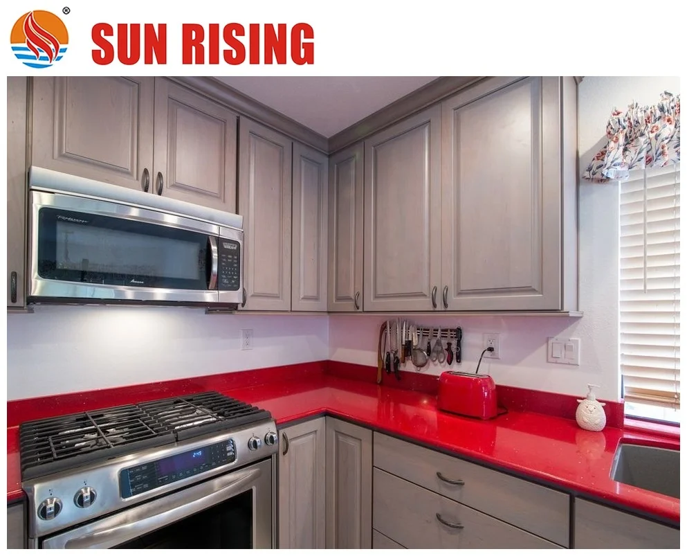 Modern Kitchen with Artificial Red Crystal Quartz Stone Countertop