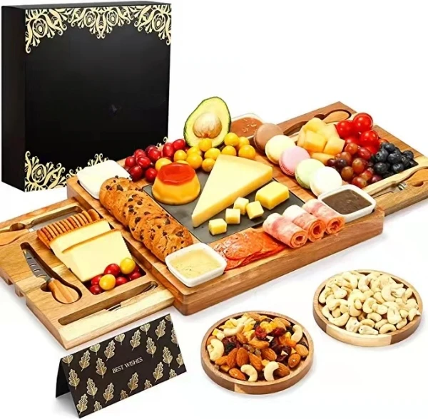 Cheese Board Set & Knife Set Wood Charcuterie Boards Bamboo Cheese Tray with Cutlery