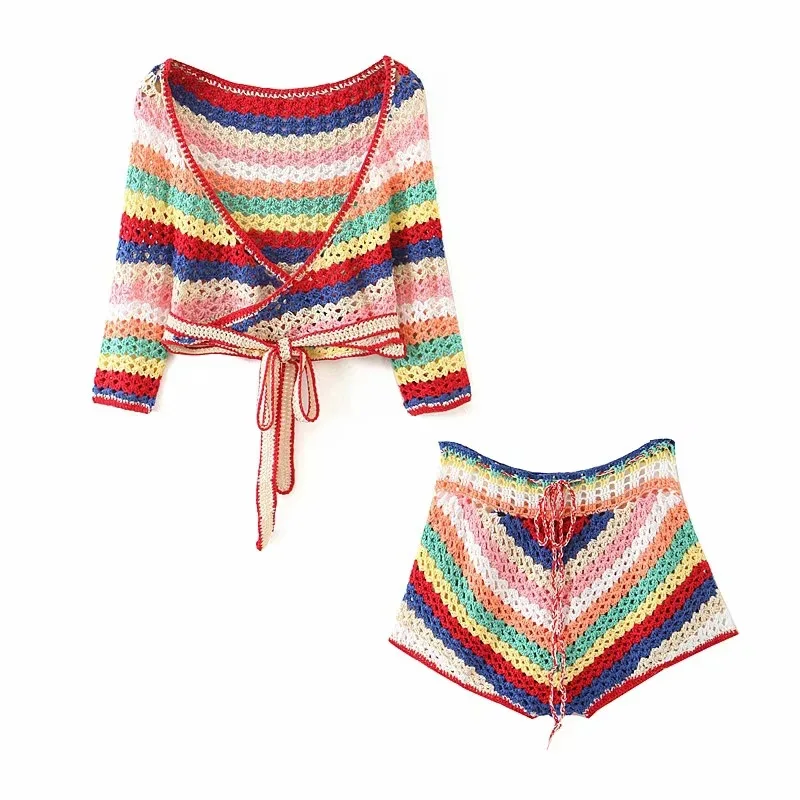 Factory Summer women colorful striped sexy crop top two piece set lace up hand crochet knit top cotton knit shorts suit