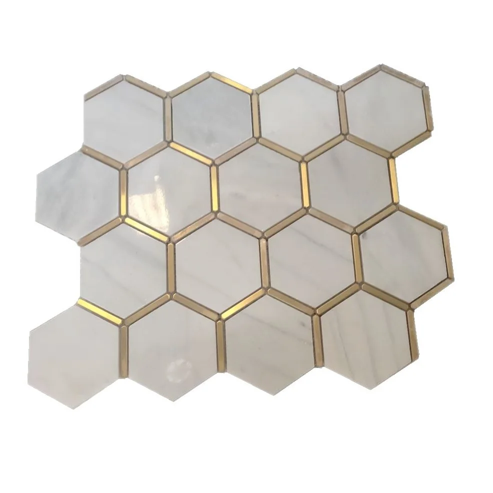 Carrara White Marble Dolomite Brass And Marble Inlay Mosaic Tiles With Metal