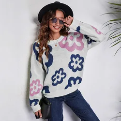 Custom logo knitted top knitwear soft Long Sleeve Loose Floral Jacquard Drop Shoulder pullover Knit Women Sweater