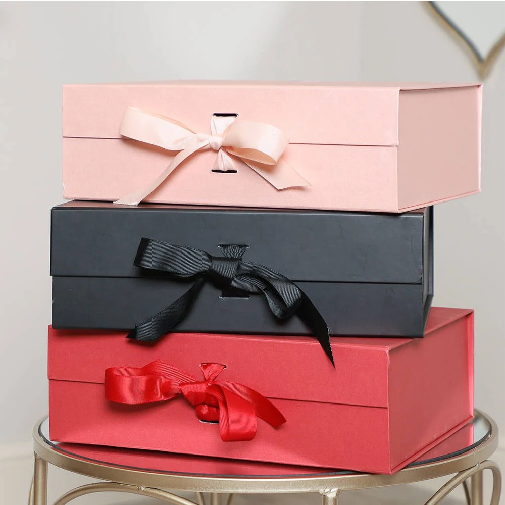 Custom Logo Pink Ribbon Folding Luxury Rigid Packaging Large Magnetic Hamper Gift Box