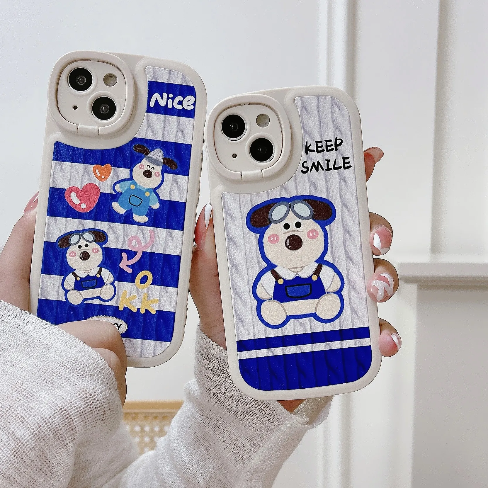 New custom cute cartoon blue puppy foldable lens holder fashion anti-fall waterproof mobile phone bags cases for iphone 14 13 12
