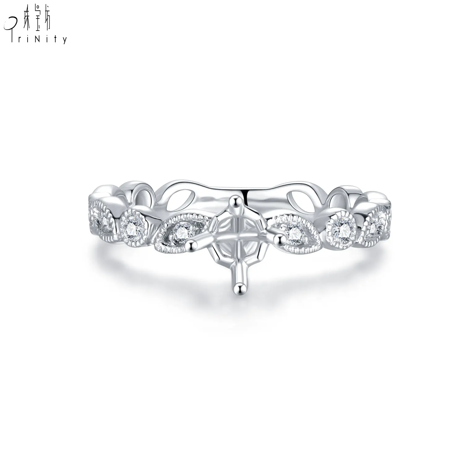 Trendy Professional Fine Jewelry Real Diamond 18k Solid Gold White Gold Diamond Leaves Semi Mounting Ring For Girl Party