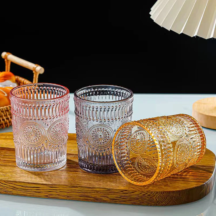 300ML Vintage Romantic Glassware Cocktail Colorful Embossed Sunflower Drinking Glasses For Bar Home