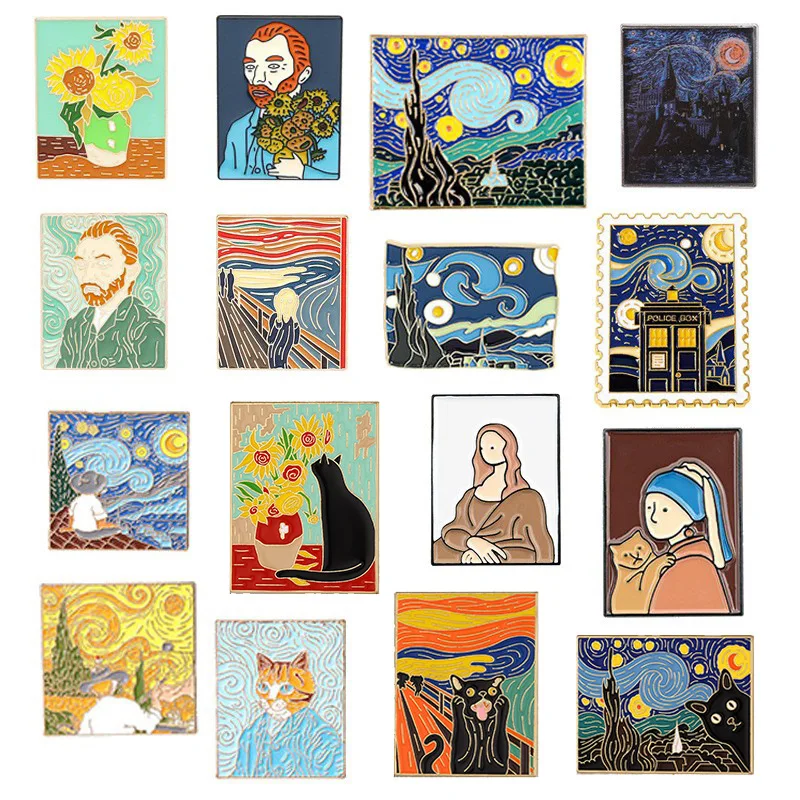 Van Gogh oil painting series metal paint corsage figure cat landscape artistic badge accessories