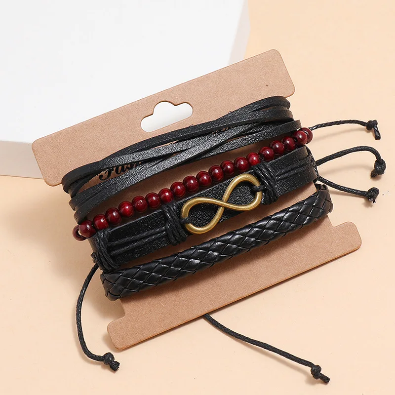 Men Woven Hemp Rope Leather Hand Chain Set Beads products Bracelet bracelet mens accessories