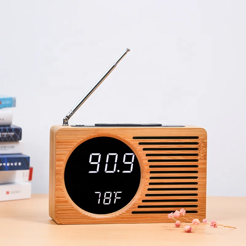 KH-WC013 Natural Bamboo LED Desk Table Retro Digital FM Alarm Clock Radio for Promotion Gift