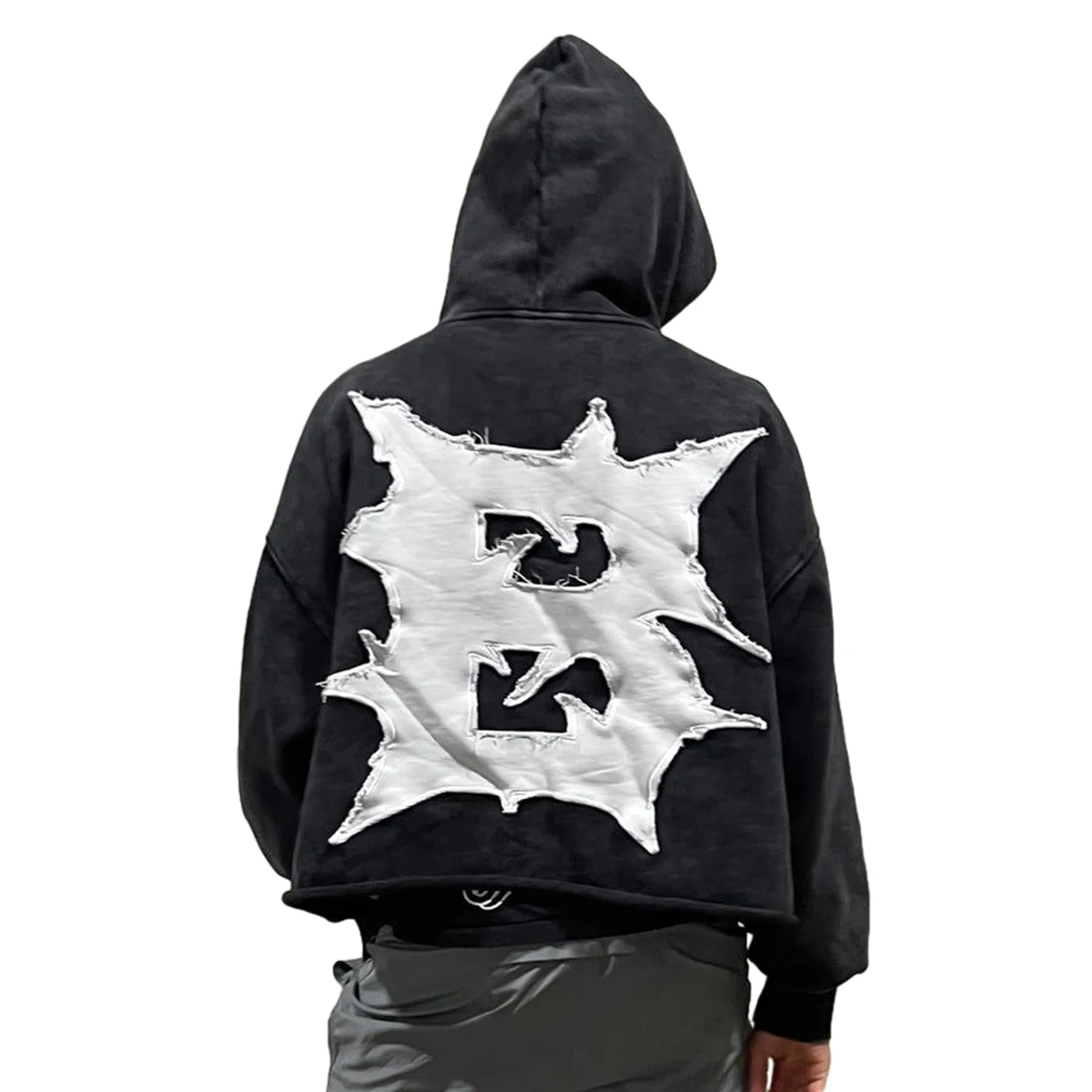 Streetwear Fade Distressed Hoodies Custom Design Men Oversized Heavyweight Vintage Wash Embroidery Patchwork Cropped Boxy Hoodie