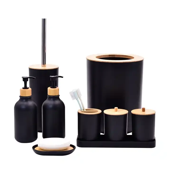 New Design 7pcs  Bathroom Set Accessories  Bamboo Cover  Plastic Bathroom Set