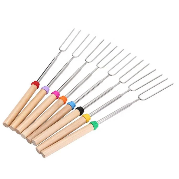 Amazon Hot Selling 8 Color Wood Handle  BBQ skewers Stainless Steel BBQ Stick Telescoping  Roasting Sticks