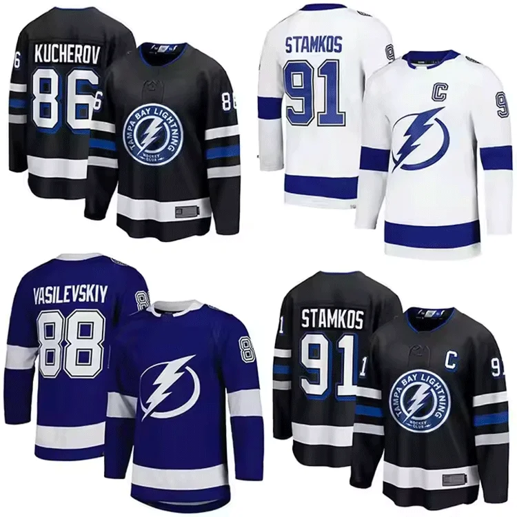 Мужская майка Tampa Bay 86 Nikita Kucherov 91 Steven Stamkos 88 Andrei Vasilevskiy 21 Brayden вышитая хоккейная Майка
