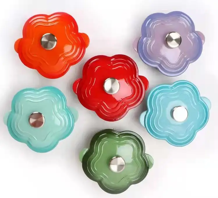 amazon hot sale double handle ss304 knob flower shape non-stick cast iron enamel casserole made in China