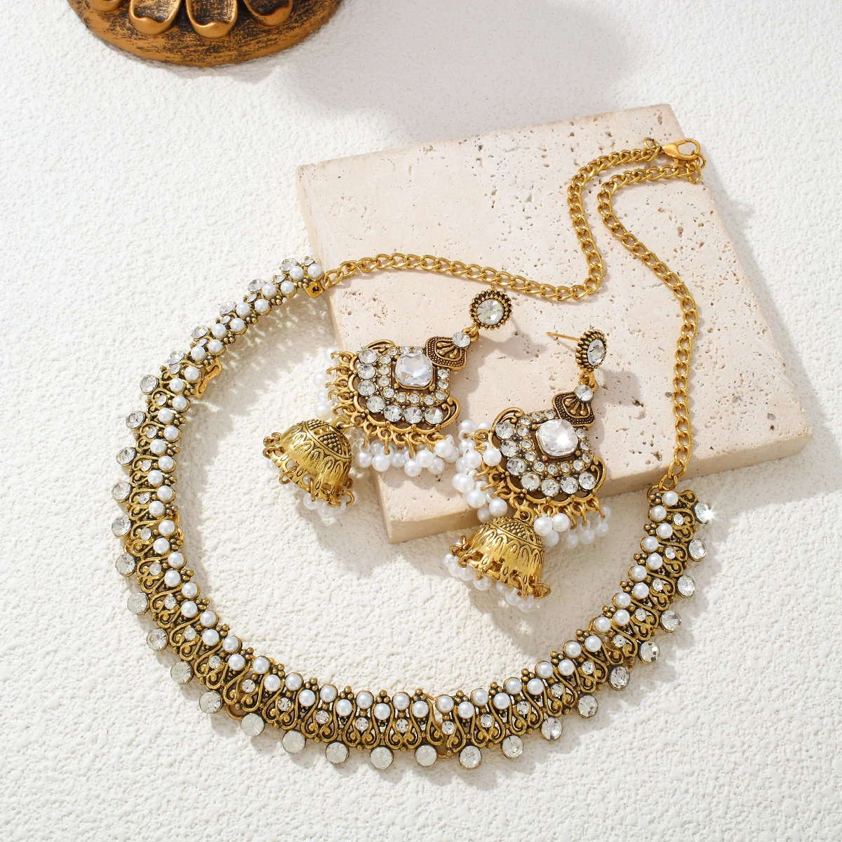 CDD Indian Bronze Gold Women Bohemian Beads Crystal Pendant Necklace Earrings Ethnic Wedding Jewelry Set