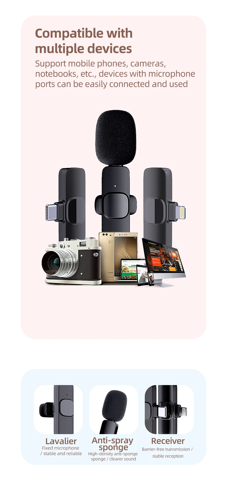 Портативный беспроводной микрофон петличный с поддержкой Bluetooth для записи видео и IOS iphone