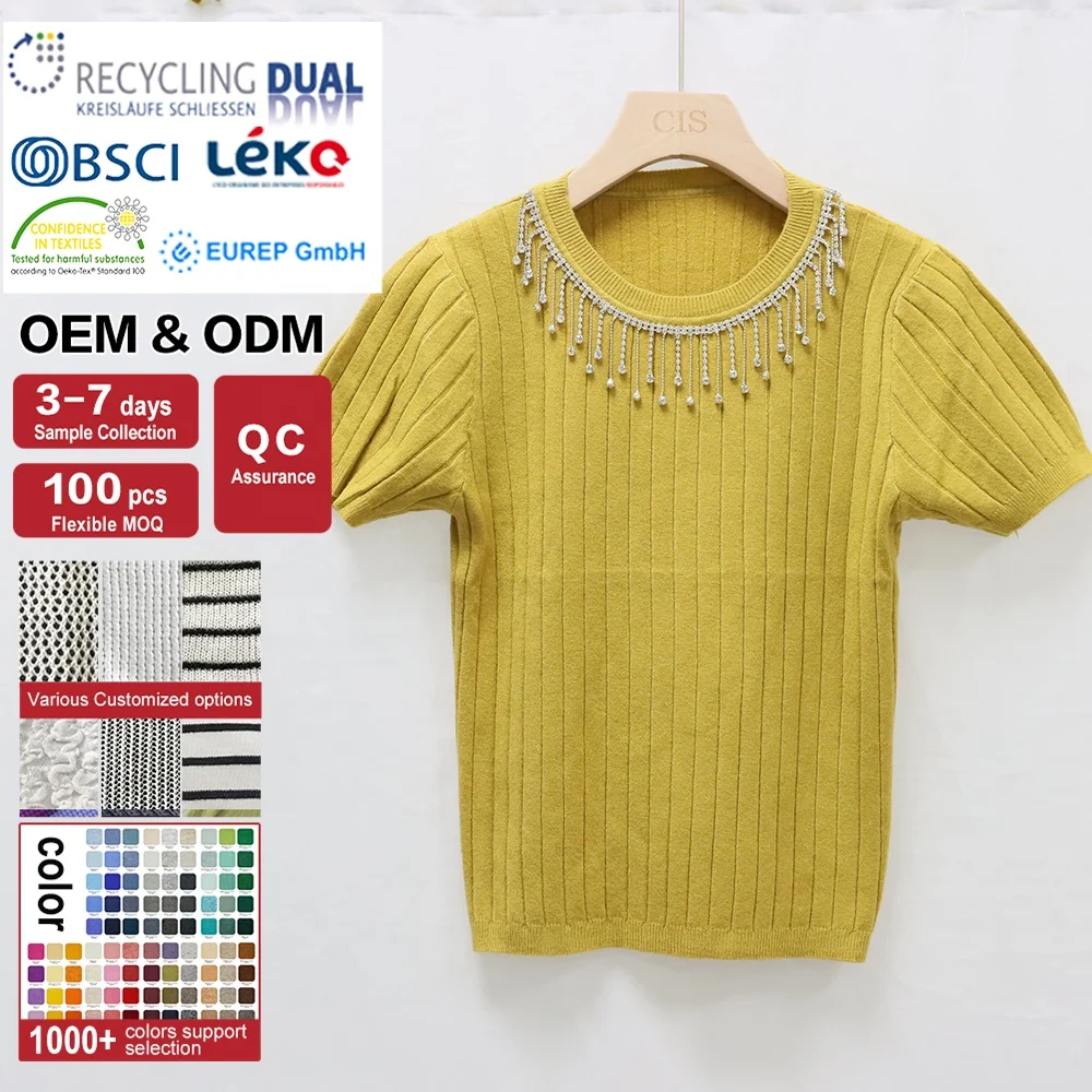 cis knitted top customised tassel sublimation t-shirts for girls korean summer short sleeve rib knit pullover round Neck t shirt