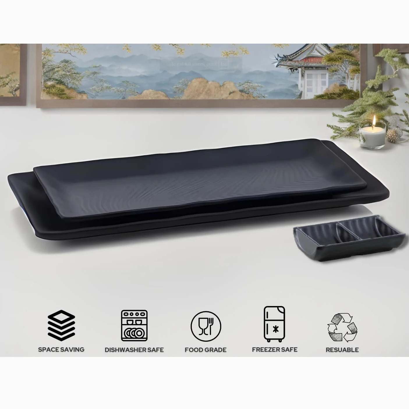 Restaurant tableware Sushi and Barbecue Serving black rectangular melamine plates and dishes set