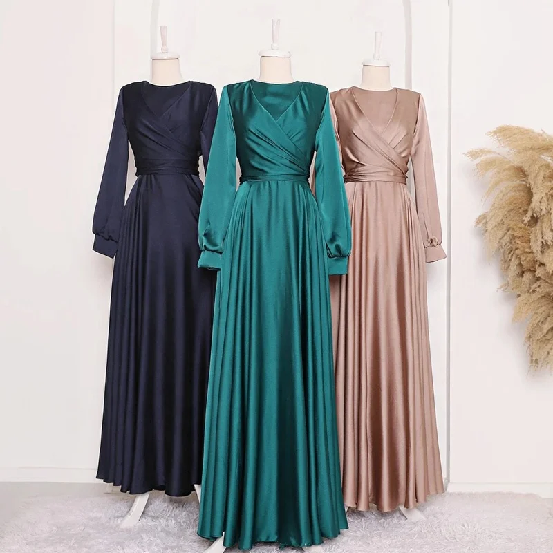 Custom satin fancy smocking high waist elegant pleated solid color round collar muslim long dresses