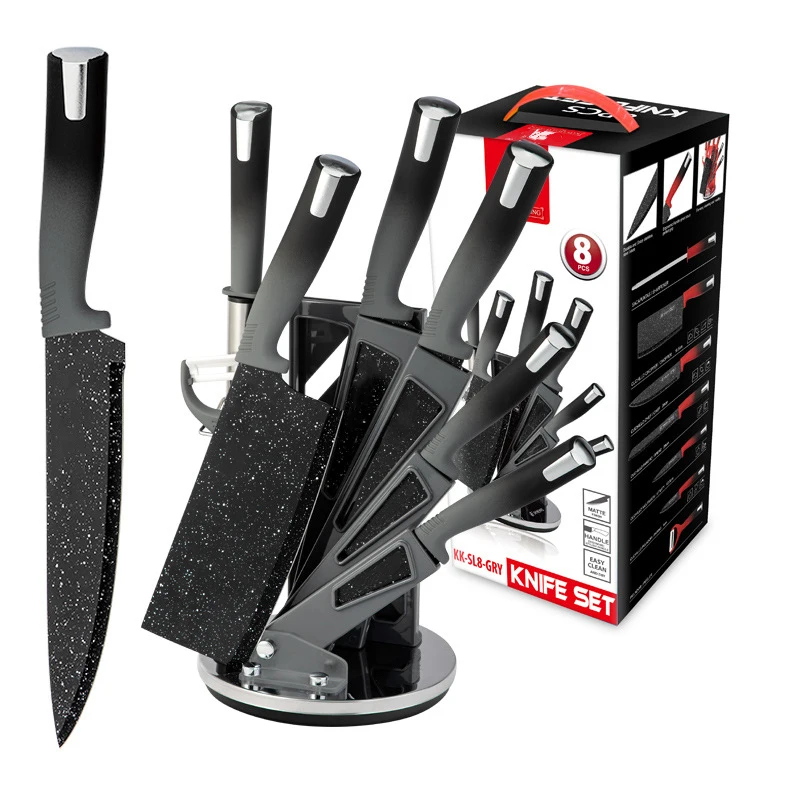 Wholesale kitchen knife set 8-piece promotional gifts stainless steel utility chef knife with holder stand and sharpener