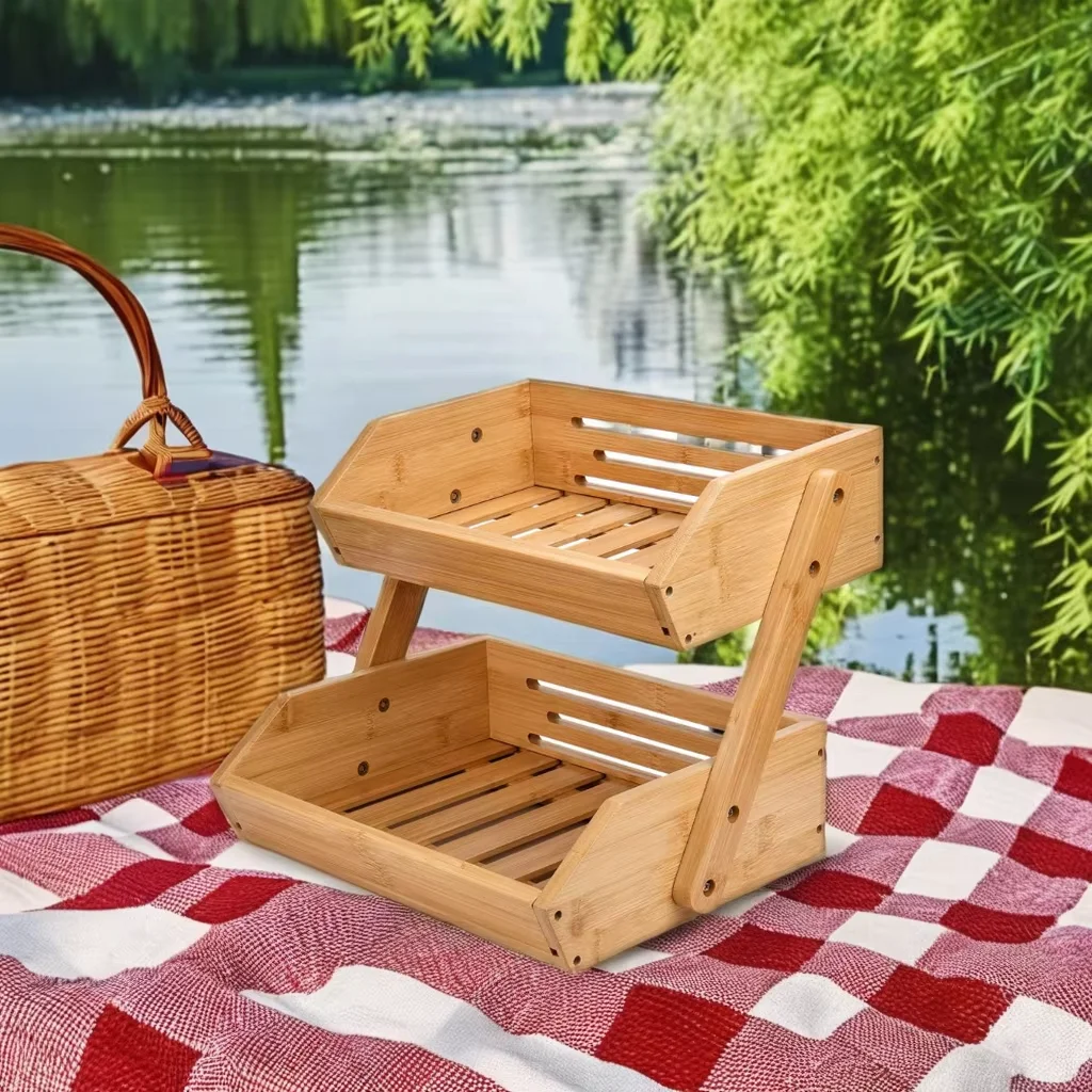 Large Bamboo Fruit Basket 2-Tier Fruit stand storage holder  fruit bowl for Kitchen Counter Kitchen Countertop Organizer