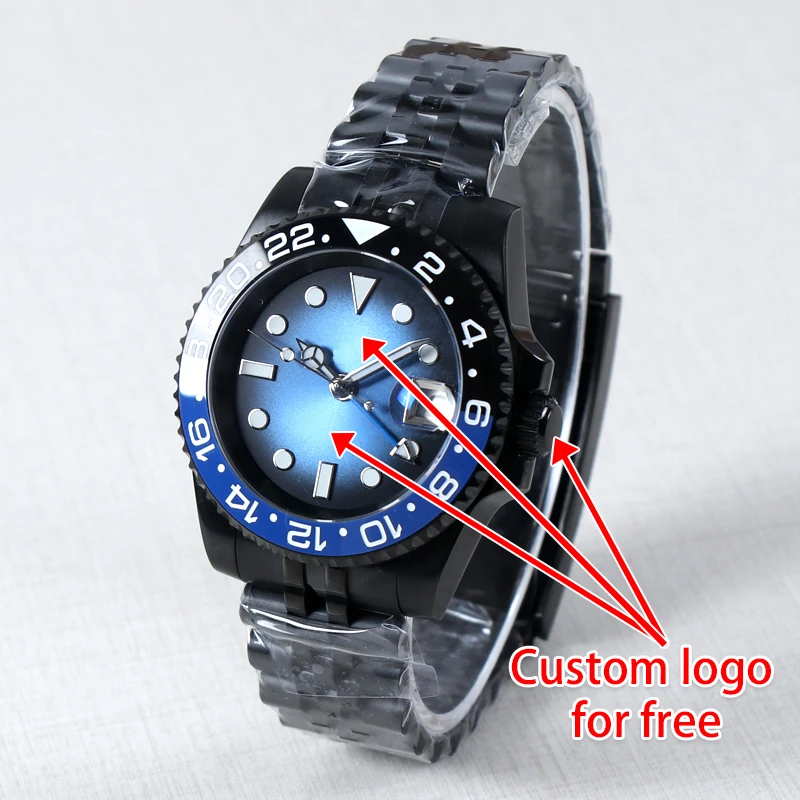 40mm DIY Logo Name NH34 Watch 40mm NH34 Movement Automatic Mens Watch 10Bar Sapphire Crystal Waterproof Mechanical Watch Black